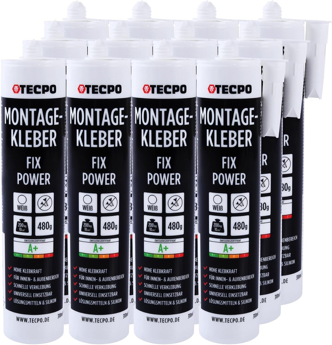 SnelShoppen - TECPO Fix Power Montage Lijm 12 x 480 g Universele Bouwlijm 200 kg 10 cm² voor Geluidspanelen, Styrofoam, Binnen en Buiten Gebruik, Snel