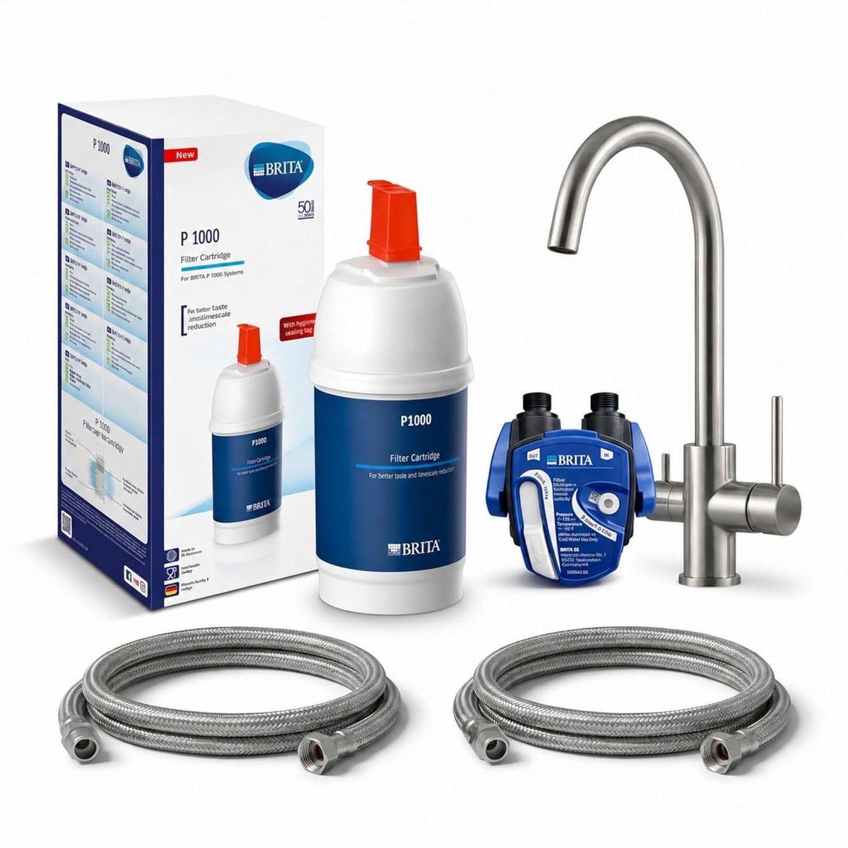 SnelShoppen - 3-weg waterkraan RVS look + onderbouw waterfilter: BRITA filterkop, BRITA filter P1000, flexibele slang, hoekventieladapter