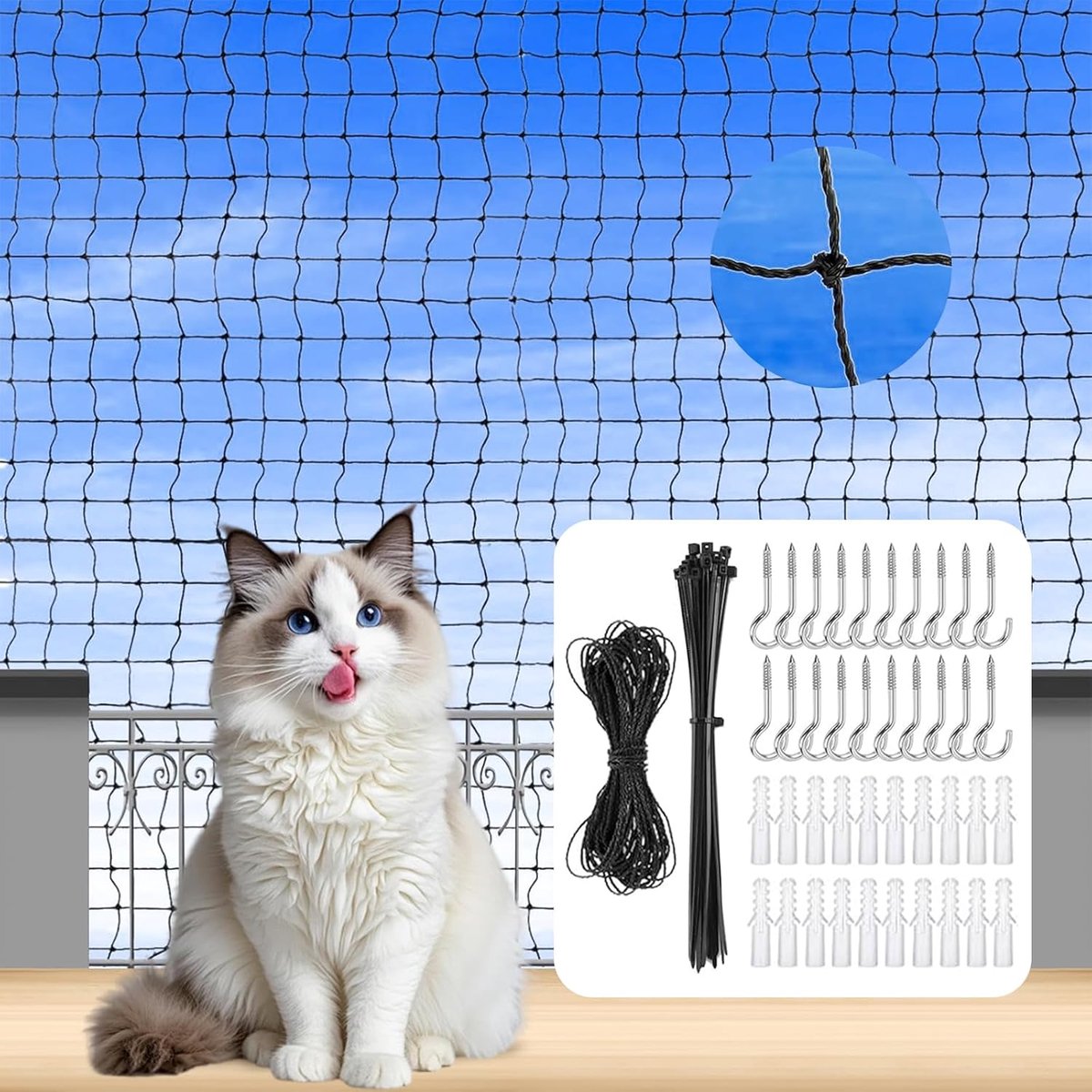 SnelShoppen - Premium Kat Net voor Balkon 2x3 m, Kat Beschermingsnet, Versterkt Nylon Multifilament, Veiligheid voor Balkon, Patio, Raam, Deur