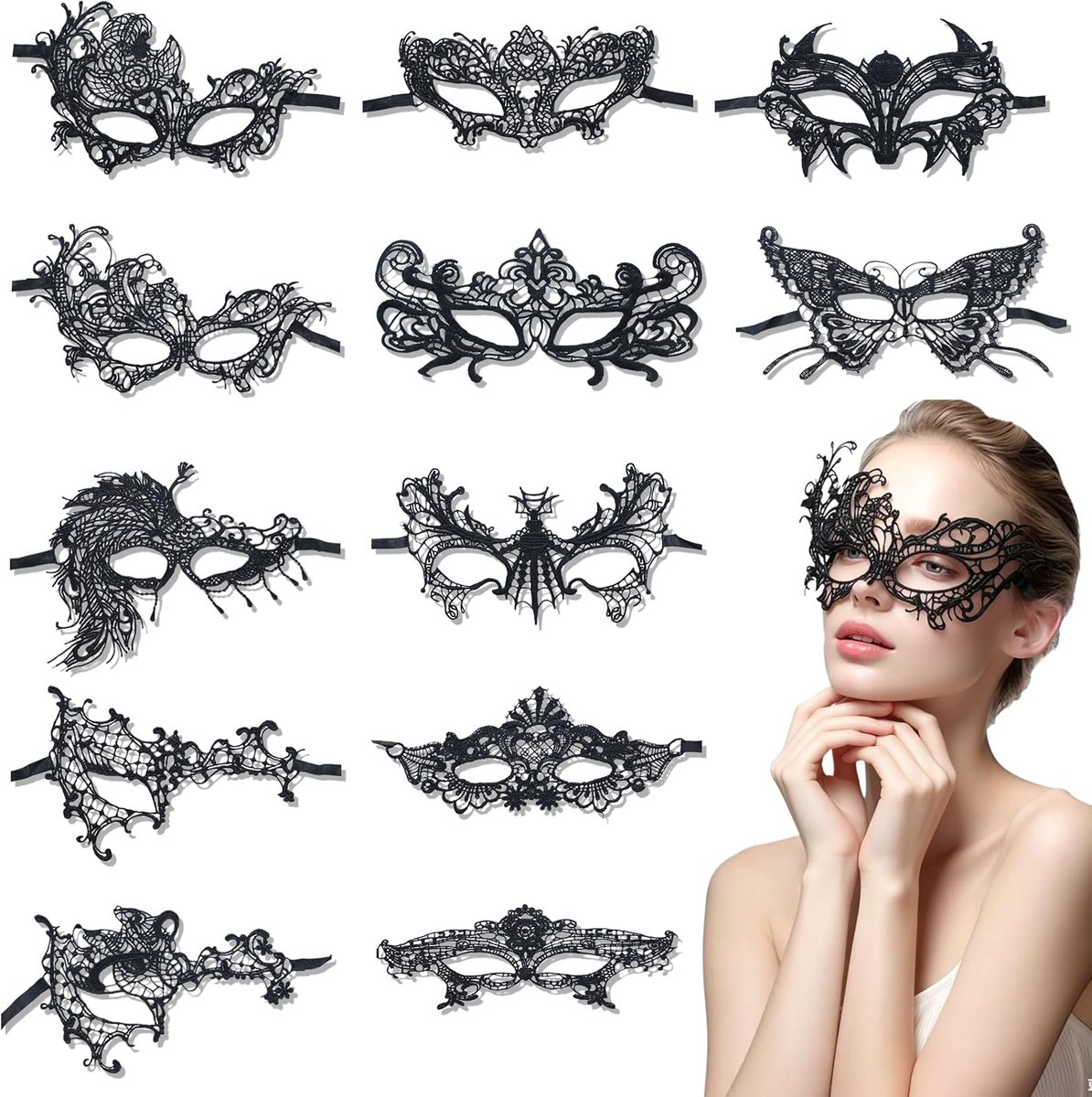 SnelShoppen - 12Pcs Venetiaanse Masker voor Vrouwen, Zwart Kant Masker, Feestmasker voor Carnaval Kostuum Cosplay Party, Lichtgewicht en Handgemaakt,