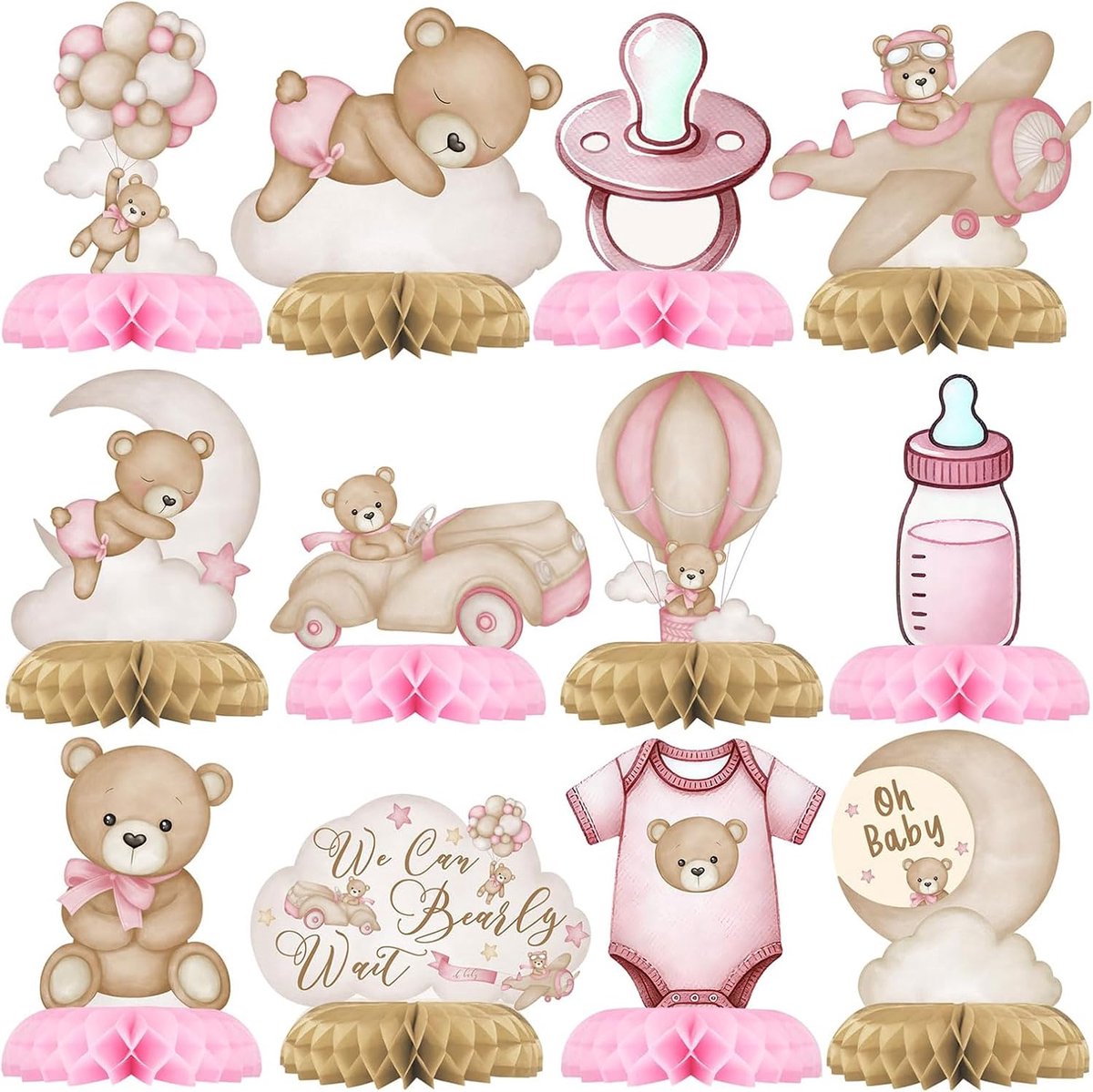 Tafeldecoratie set - roze beren thema - schattige wafel- en tafelopmaak - perfect voor kinderfeestjes - ShopVlot