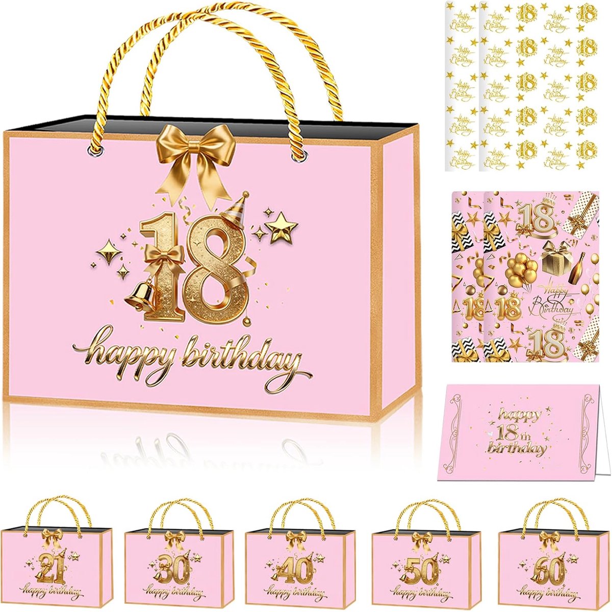 SnelShoppen - Elegante Verjaardagscadeau Inpakken Set met Geschenktas, Wenskaart, Glanzend Inpakpapier, Tissue & Lint in Roze en Goud - All-in-One Kit