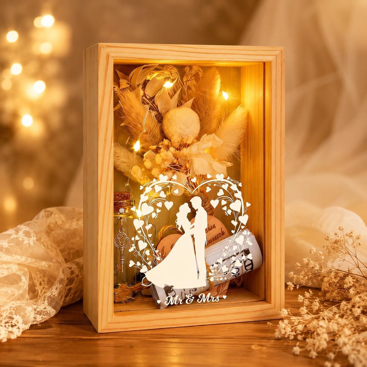 Houten bruiloftsgeschenkdoos 16x11x5 cm - met gedroogde bloemen - hart van hout - herinnering voor bruid en bruidegom - ShopVlot