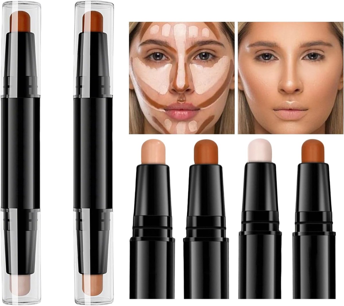 Contour en highlighter sticks - 2 dubbele make-up pennen - 4 kleuren met borstel - perfecte set voor beginners - SnelShoppen