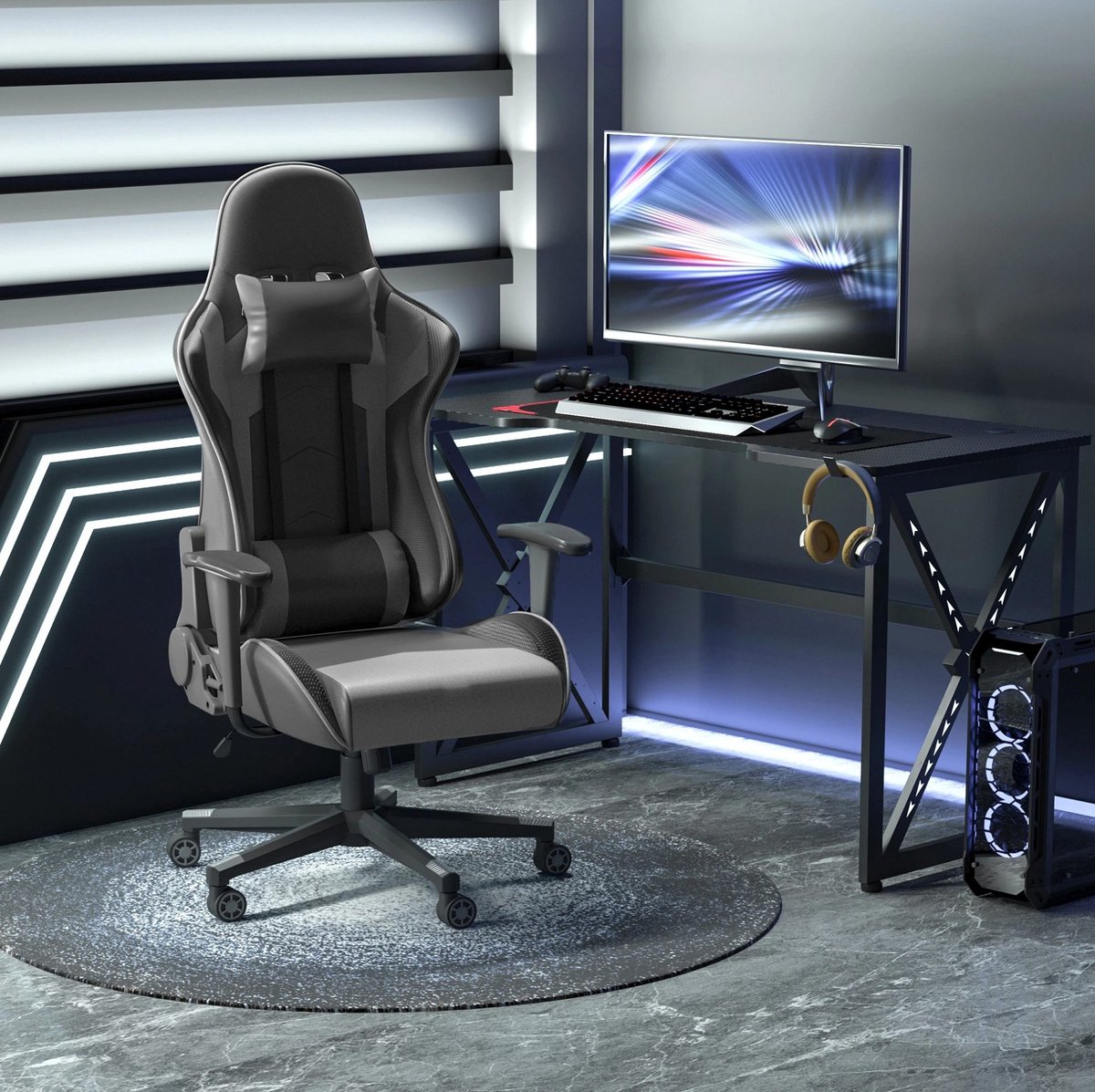 COVREO Gamingstoel 67,5x74x126-136 cm zwart, kunstleer met hoofdsteun