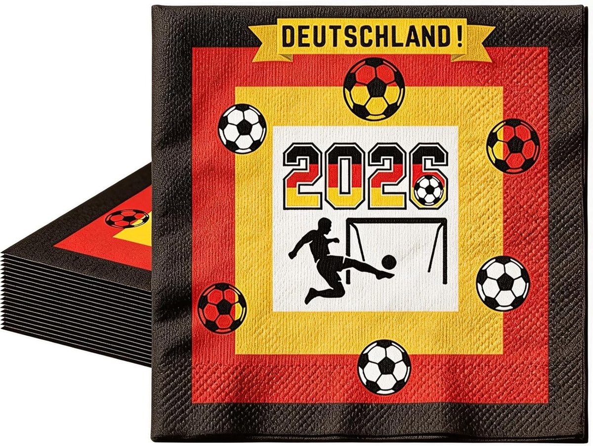 SnelShoppen - Set van 20 Servetten met Duitse Vlag, 33 x 33 cm, Tafeldecoratie voor Wereldkampioenschap, Zwart, Rood, Goud, Stevige Servetten voor Fee