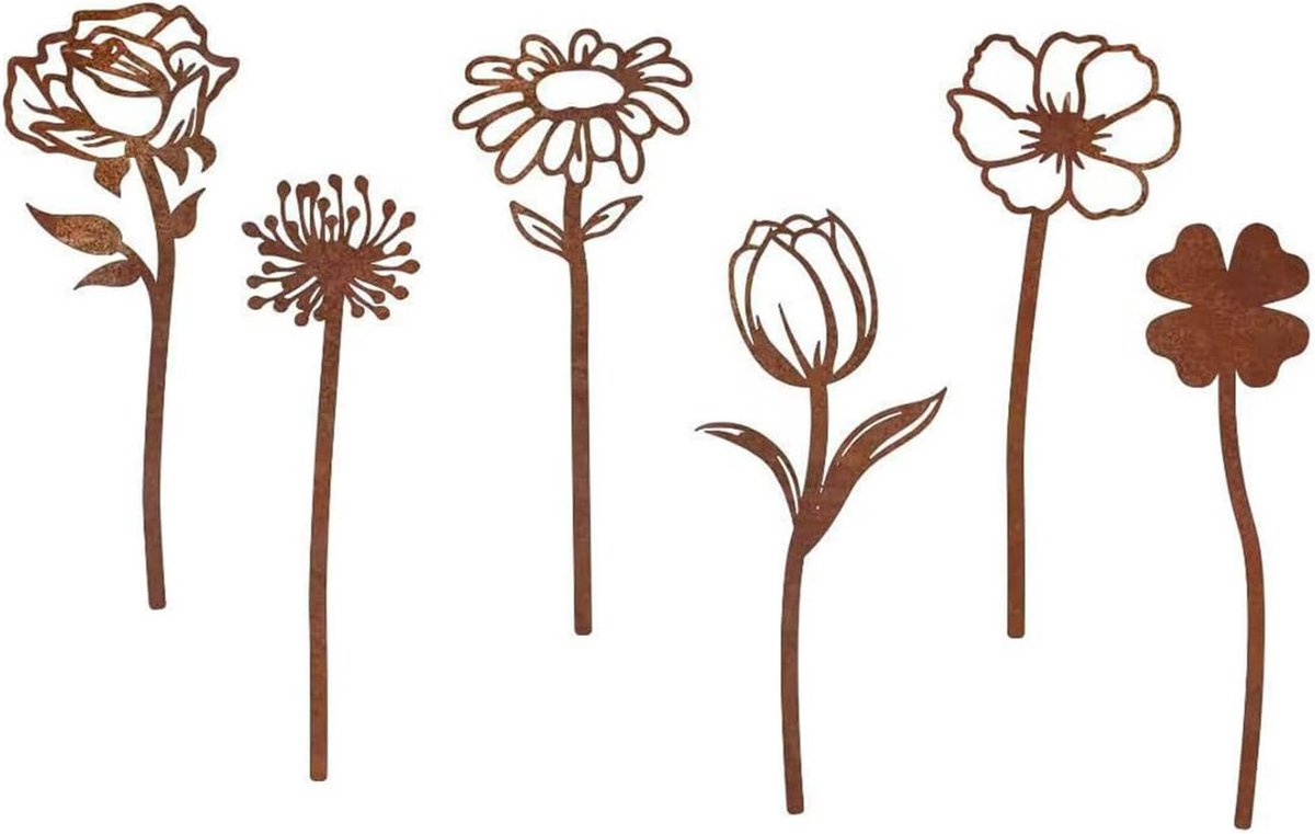 SnelShoppen - Set van 6 Tuindecoratie Roest, Metalen Roestdecoratie voor Buiten, Roestbloemen Tuinaccessoires, Duurzaam en Waterdicht voor Tuin, Balko