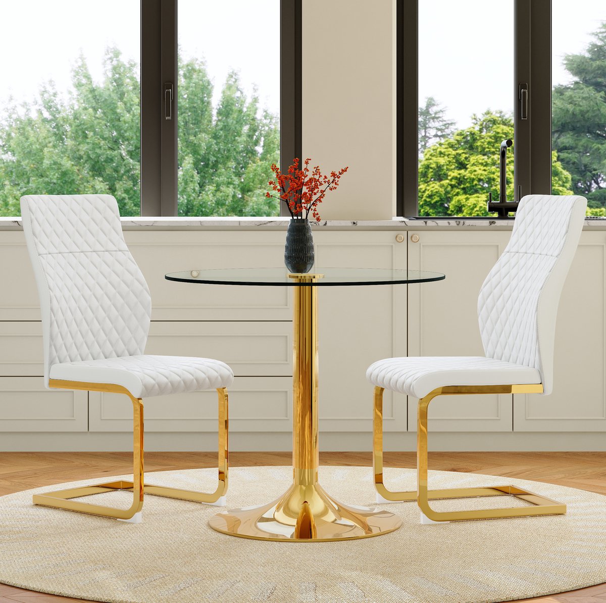 DESMIU Tafel En Stoelen Set 85 Cm - Ronde Glazen Eettafel Met 2 Eetkamerstoelen - Voor Eetkamer En Horeca - Metaal Wit Goud