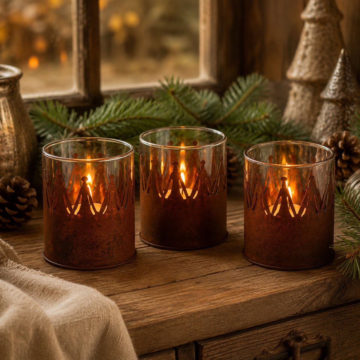 Waxinelichthouders Kroon – Set van 3 – Metalen Theelichthouders met Glas – Ø 7 x 9 cm – Roestbruine Kaarsenhouders voor Kerst, Herfst en Landelijke Woondecoratie – foto 5