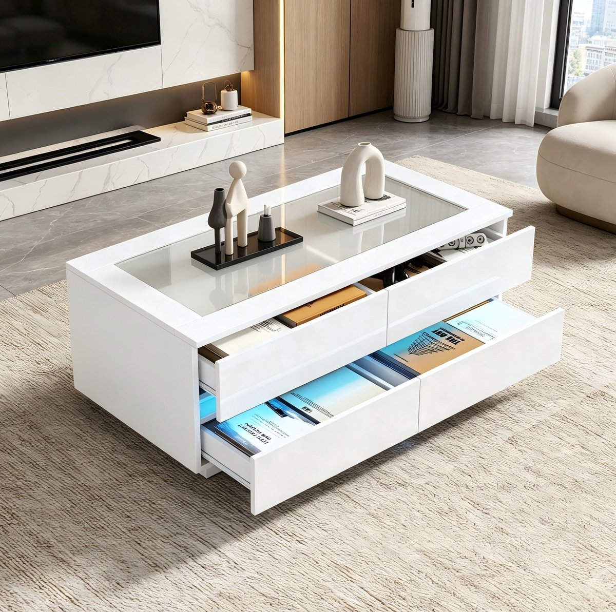 DESMIU Salontafel - Met 4 Lades En LED Verlichting - Voor Woonkamer - Spaanplaat En Gehard Glas - 100x50x40 Cm - Wit