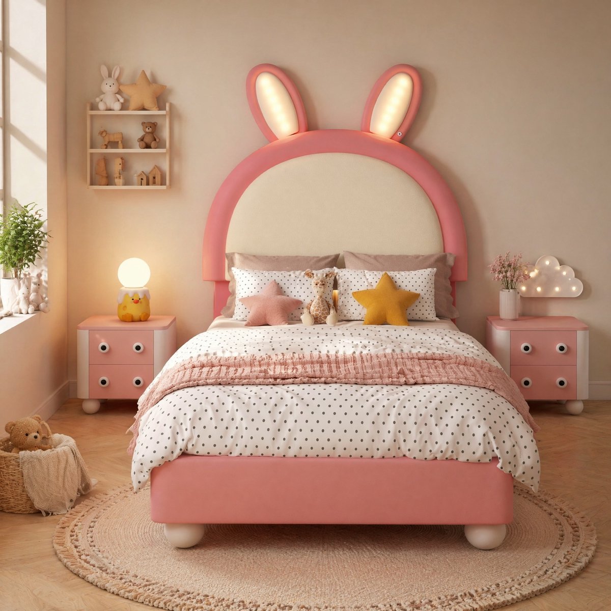 COVREO Bed 90x200 cm roze en wit, kunstleer en hout met LED-lichtlijst