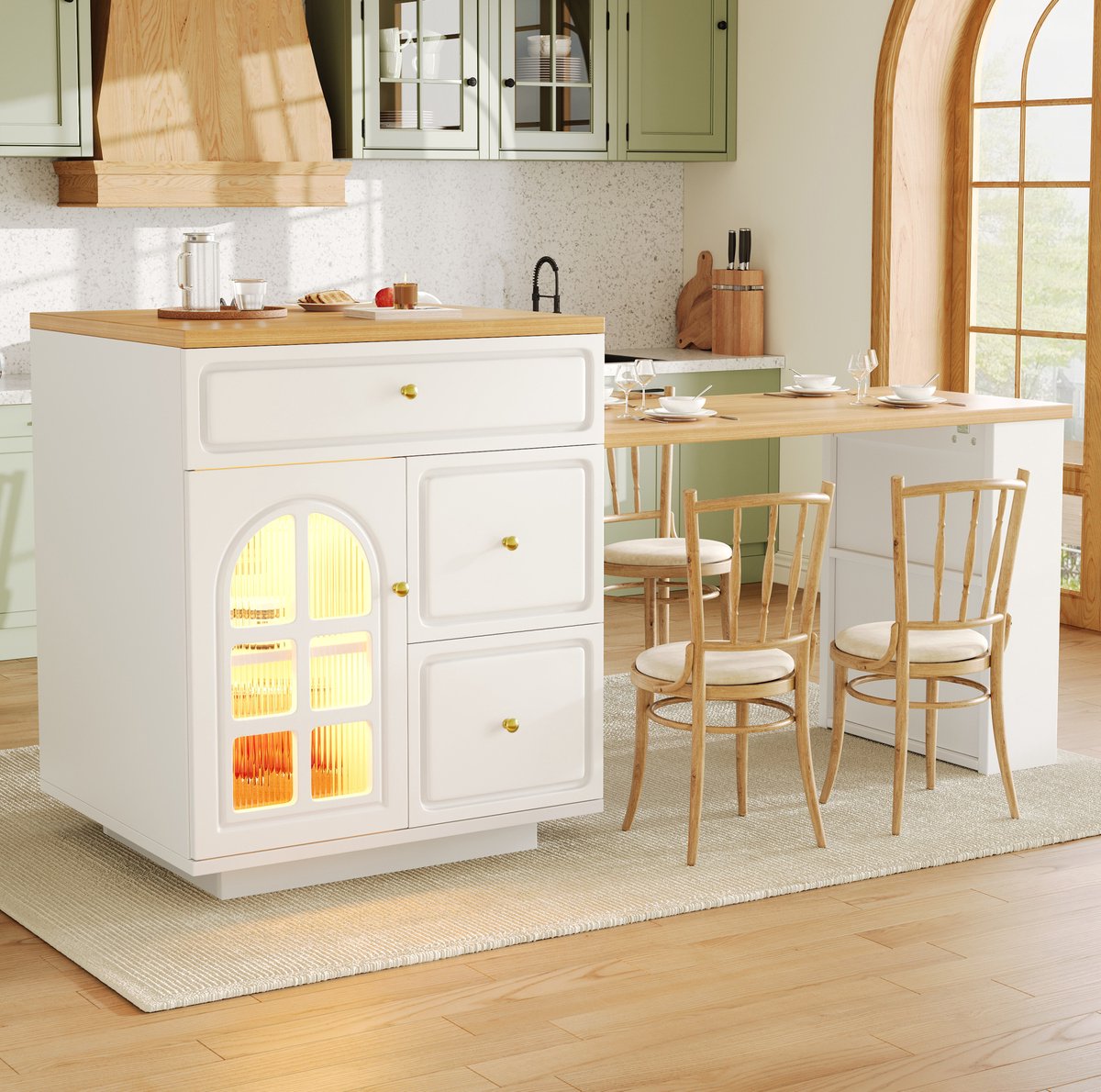 COVREO Keukeneiland 122,5-195,5 cm wit, MDF met 3 lades en LED lichtstrip