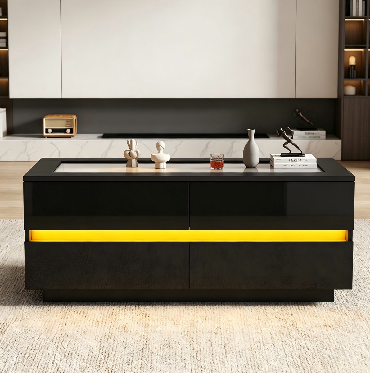 COVREO Salontafel 100x50x40 cm zwart, spaanplaat 4 lades met LED
