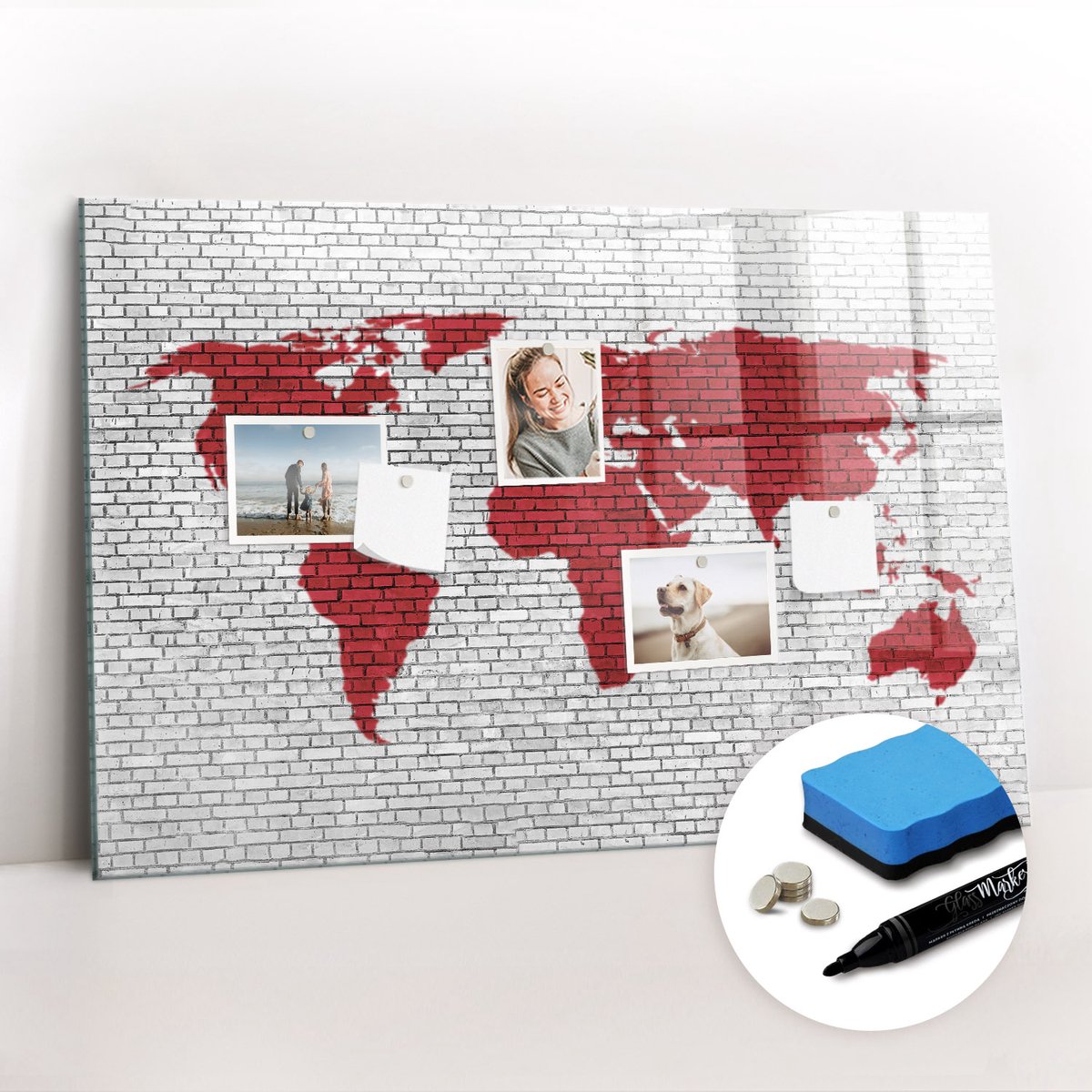 Tulup Whitebord - Loft bakstenen muur wereldkaart - 90 x 60 cm - Rood Magnetisch Wandbord - Gratis 5 Sterke Magneten + Whiteboard Marker & Wisser - Organizer Muur - Magnetic Board - Planning Muur