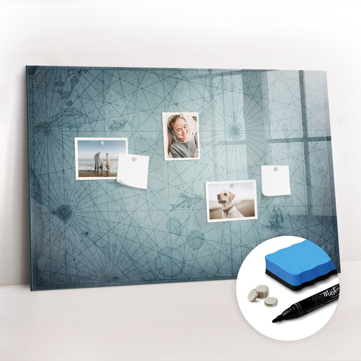 Tulup Whitebord - Vintage kaart - 90 x 60 cm - Blauw Magneetbord Keuken - Gratis 5 Sterke Magneten + Whiteboard Marker & Wisser - Interieur Accessoires Kantoor - Magnetisch Memobord - Productiviteit Tools