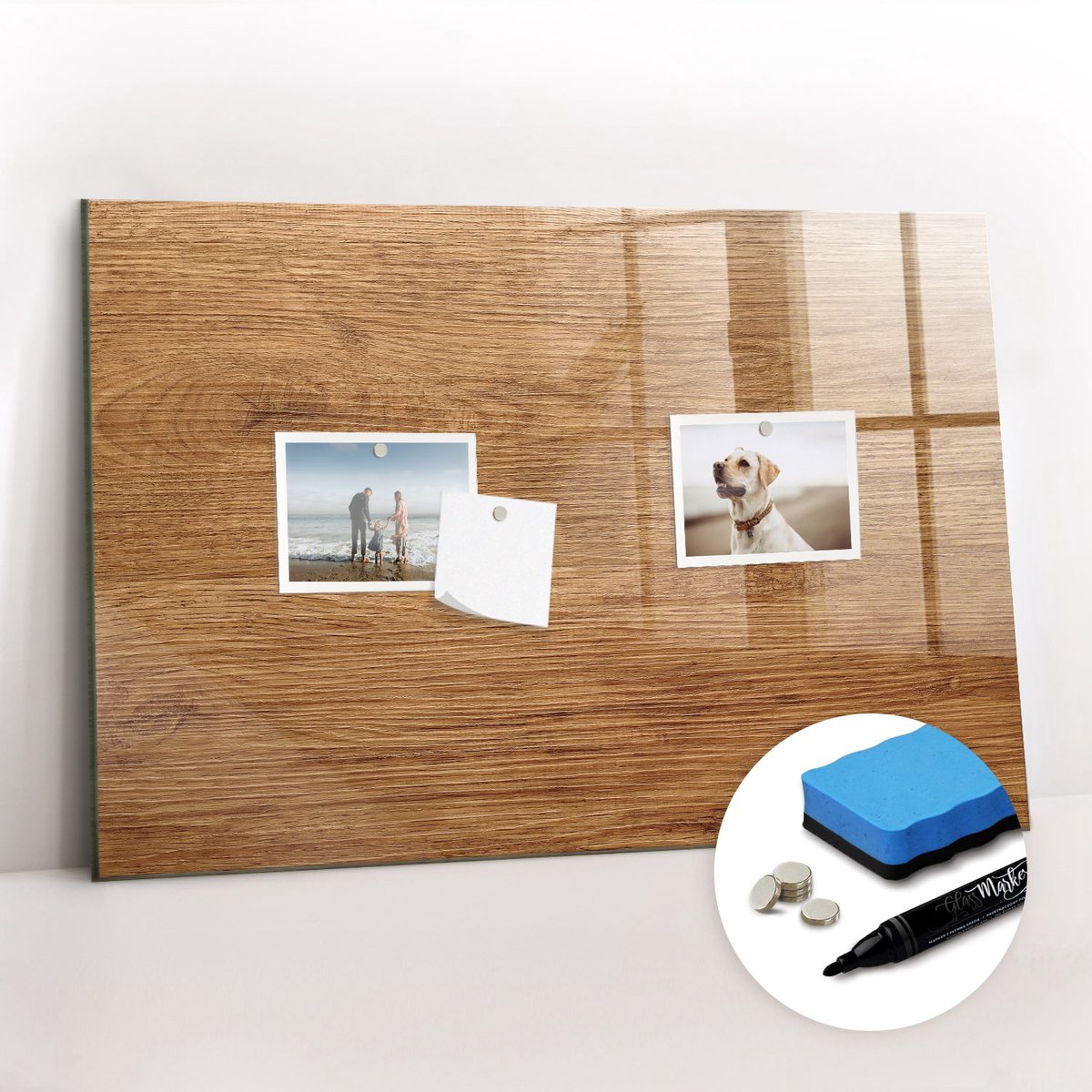 Tulup Whitebord - Licht hout - 60 x 40 cm - Bruin Memobord Glas - Gratis 5 Sterke Magneten + Whiteboard Marker & Wisser - Wanddecoratie Kantoor - Magnetisch Wandbord - Ideeënbord Thuiswerkplek