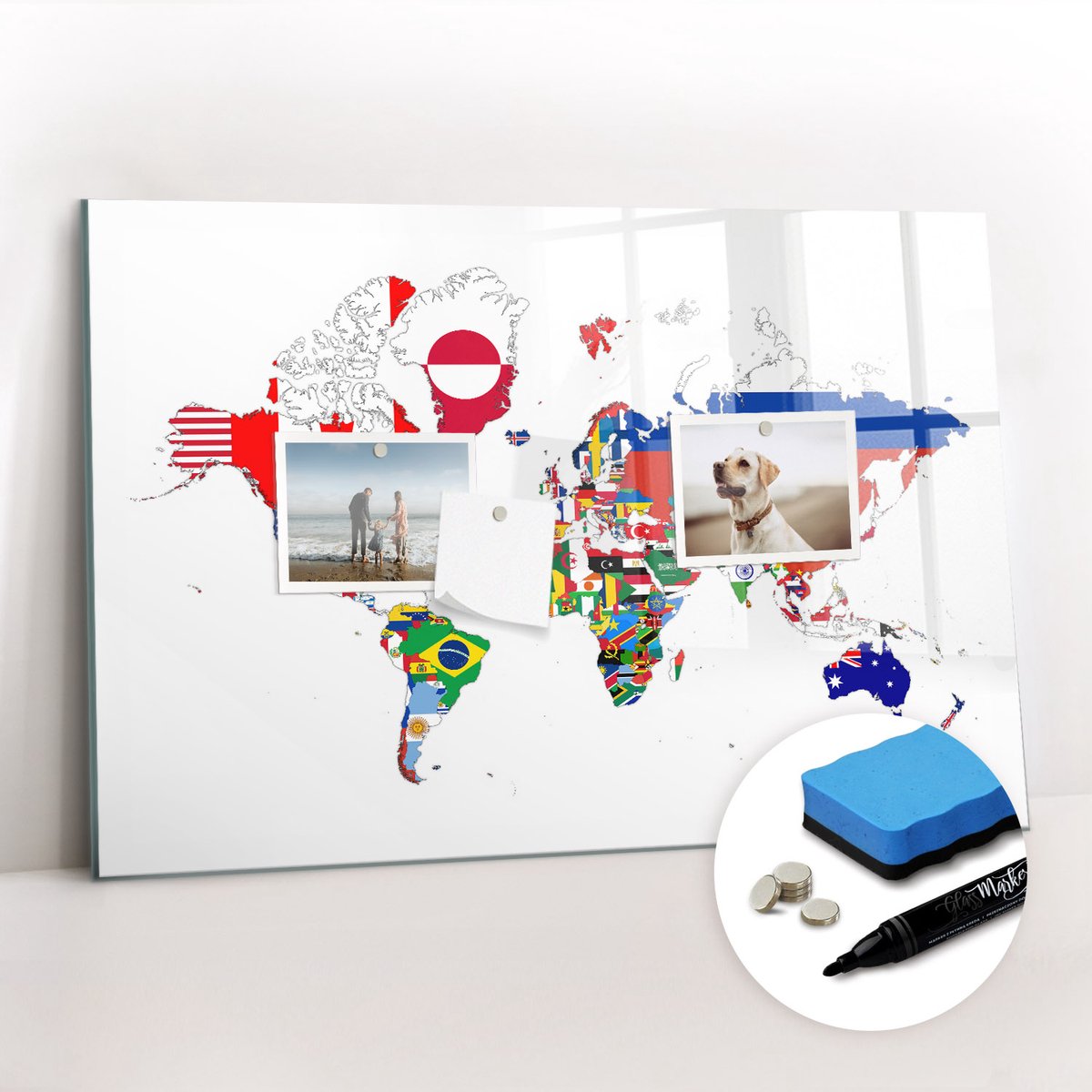 Tulup Whitebord - Kaart van nationale vlaggen - 60 x 40 cm - Wit Magneetbord Keuken - Gratis 5 Sterke Magneten + Whiteboard Marker & Wisser - Design Memobord - Foto Magneetbord - Ideeënbord Thuiswerkplek