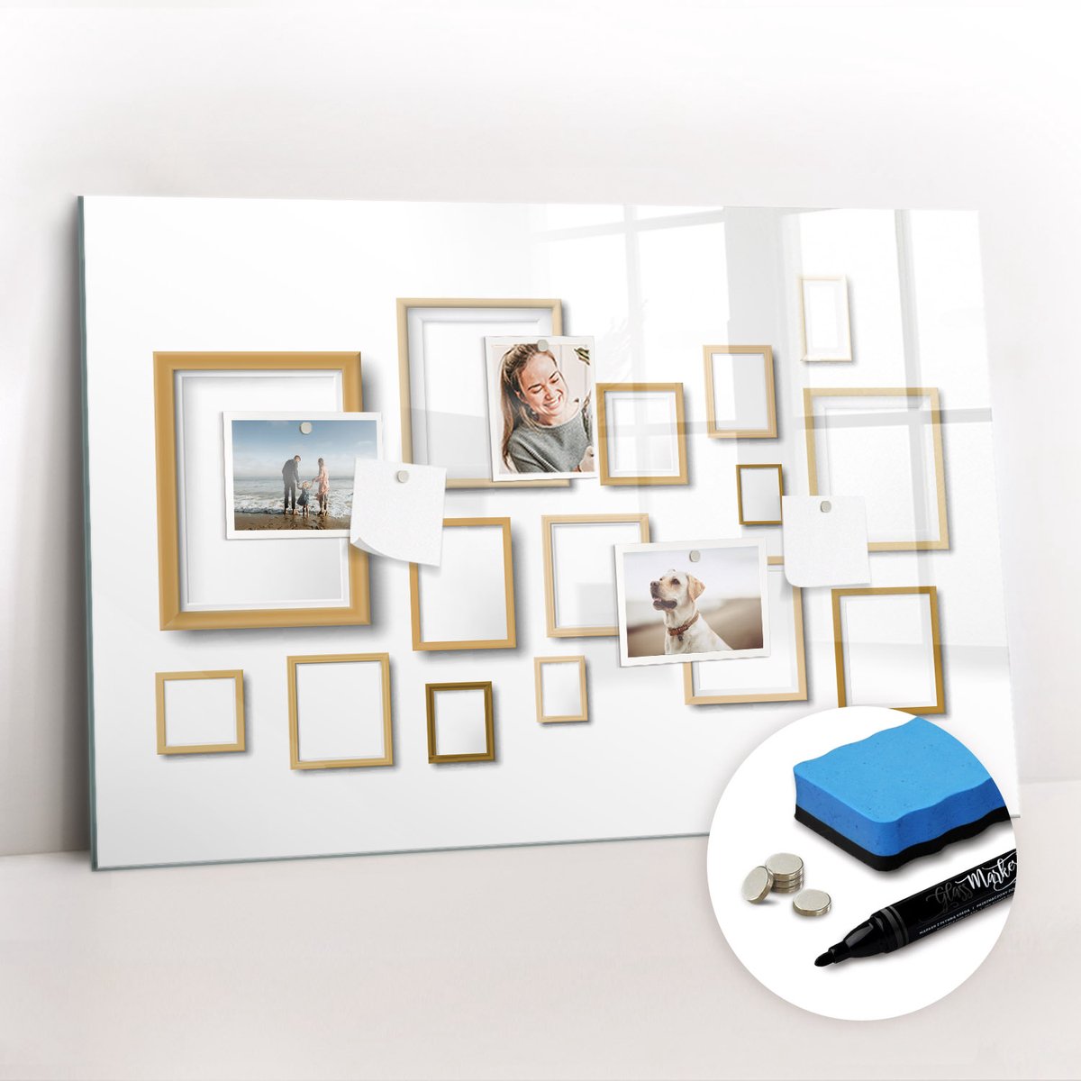 Tulup Whitebord - Houten frames - 90 x 60 cm - Bruin Memobord Glas - Gratis 5 Sterke Magneten + Whiteboard Marker & Wisser - Industrieel Wandbord - Magnet Board - Ideeënbord Thuiswerkplek