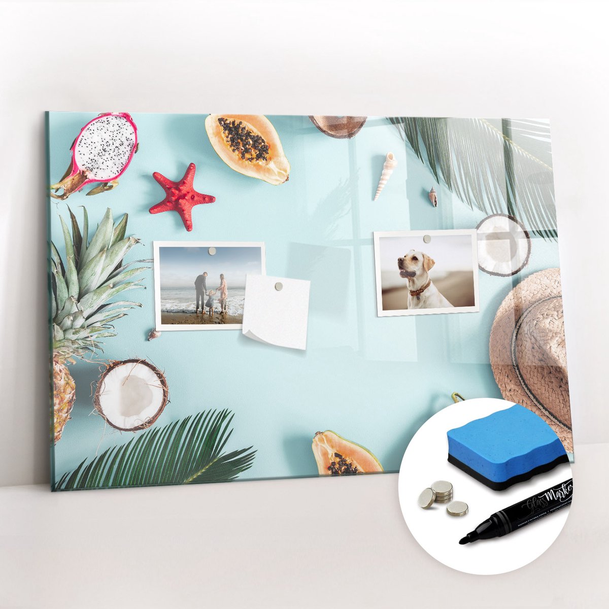 Tulup Whitebord - Zomercompositie - 60 x 40 cm - Veelkleurig Magnetic Board - Gratis 5 Sterke Magneten + Whiteboard Marker & Wisser - Decoratief Magnetisch Bord - Memobord Glas - Productiviteit Tools