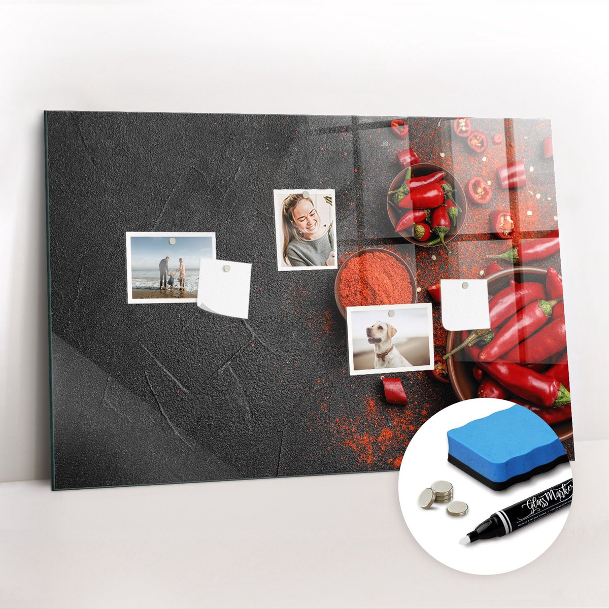 Tulup Whitebord - Rode paprika's - 90 x 60 cm - Veelkleurig Foto Magneetbord - Gratis 5 Sterke Magneten + Whiteboard Marker & Wisser - Wanddecoratie Kantoor - Memobord Magnetisch - Inspiratiebord Kantoor