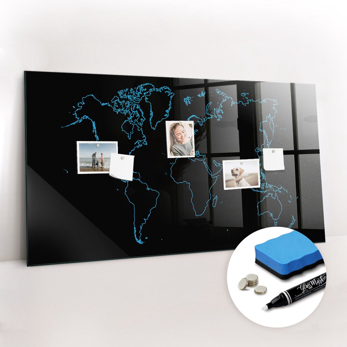 Tulup Whitebord - Contourlijnen van de wereldkaart - 120 x 60 cm - Zwart Memobord Magnetisch - Gratis 5 Sterke Magneten + Whiteboard Marker & Wisser - Scandinavisch Design Bord - Magneetbord Foto - Organiseer Je Bureau