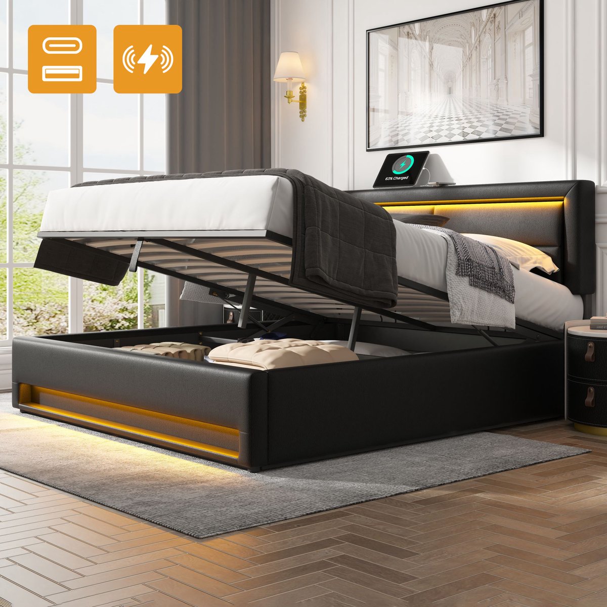 Gestoffeerd Bed 140x190 cm + LED Bed + USB Bed + Opbergruimte + Zwart Bed