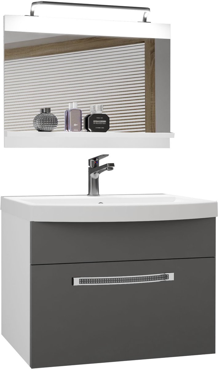 BELINI Badkamermeubel Set GLA M 1 - Badmeubelset 60 cm Grijs, Mat met Wastafel, Spiegel en LED Lamp - Wandmontage