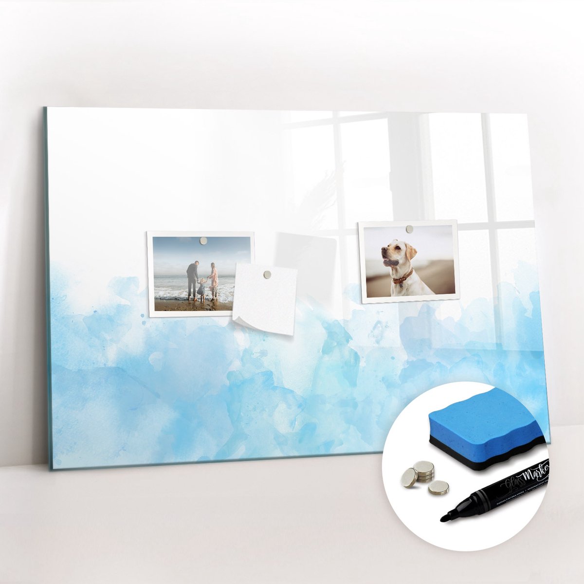 Tulup Whitebord - Geschilderde vlekken - 60 x 40 cm - Blauw Foto Magneetbord - Gratis 5 Sterke Magneten + Whiteboard Marker & Wisser - Decoratief Magnetisch Bord - Memobord Keuken - Inspiratiebord Kantoor