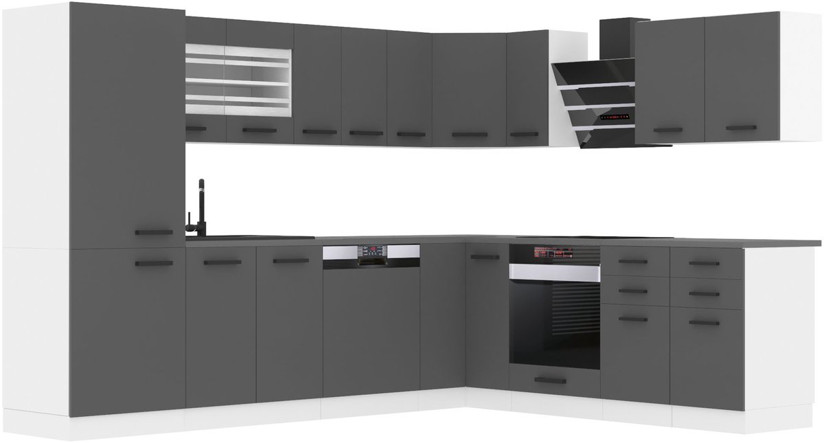BELINI L-Vorm Keukenblok JULIE - Keukenmeubel Set 460 cm Zilver Mat met Werkbladen - Boven- en Onderkasten