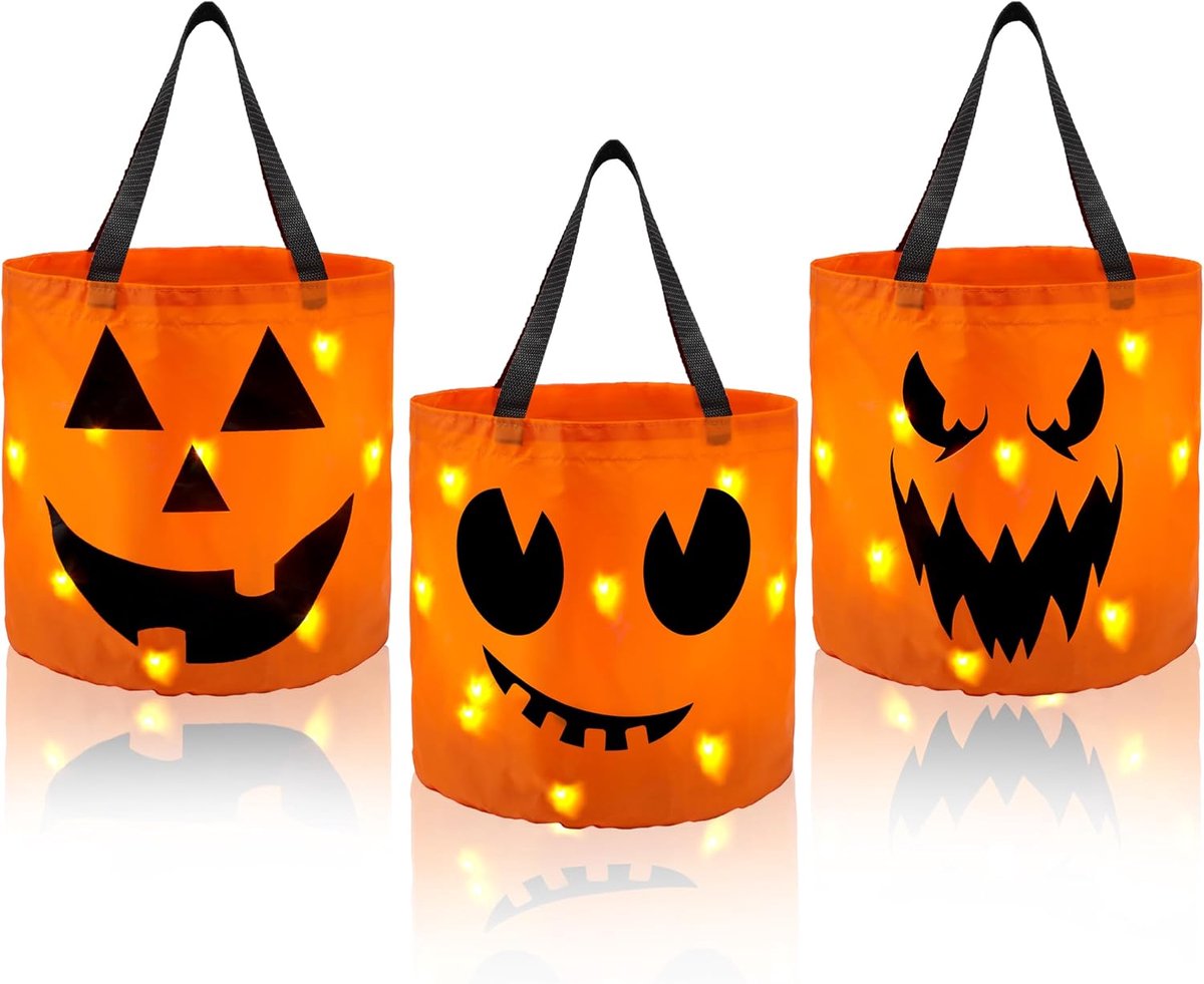 3 Stuks Halloween Pompoen Emmers met LED Licht - Oranje Snoepemmer met Handgreep - voor Halloween Feest Decoratie - Oranje