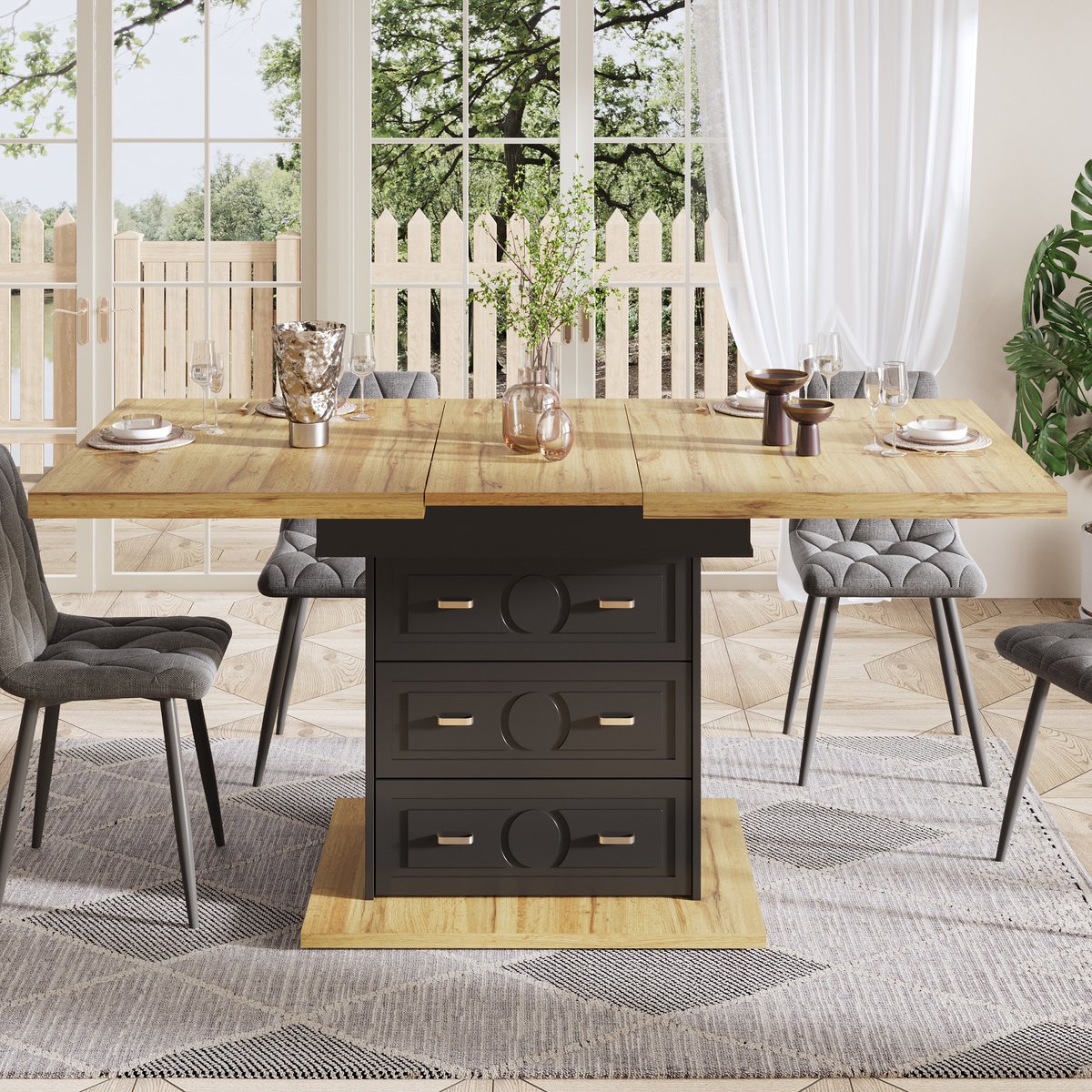 KOMHTOM - Uitschuifbare Eettafel - Houten Tafel met Houtnerf - 110-140 x 80 x 75 cm - Met Uitschuifbaar Blad - Voor Keuken, Eetkamer en Terras - Geschikt voor 6 Personen