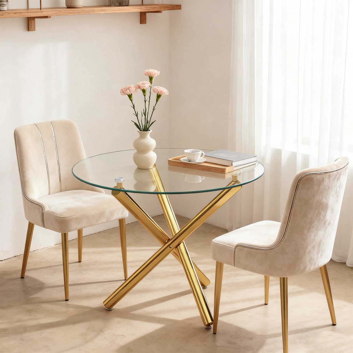 KOMHTOM - Ronde Eettafel en Salontafel - Modern Minimalistisch Ontwerp - 80 x 80 x 76 cm - Gehard Glas Tafelblad - Goudkleurige Poten