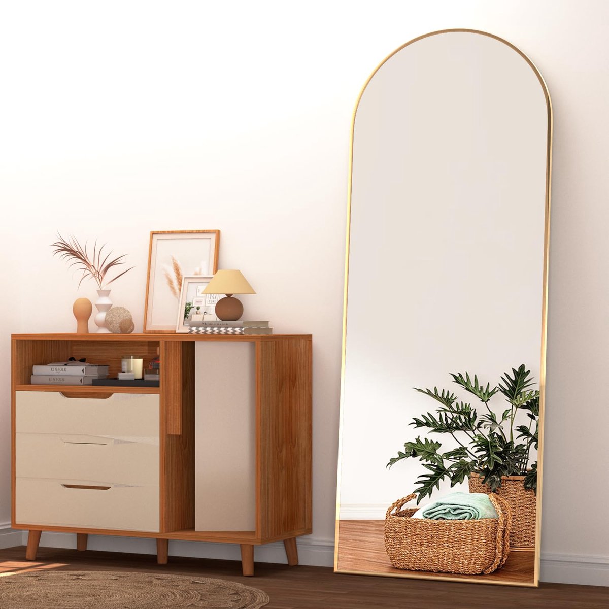 Omgoods- Vloerspiegel Gebogen Design 162x53cm - Volledige Lichaamsspiegel - Staand/Hangend - Luxe Goud - Modern - Hoogwaardige Kwaliteit