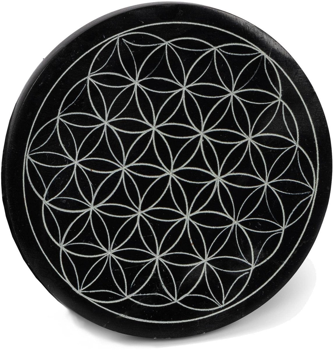 Omgoods - Set van 4 Kaarsenhouders van Zwart Zachte Steen met Levensbloem Patroon