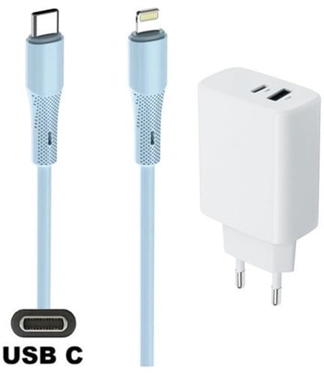 OneOne 25W super snellader met 2 poorten en screenprotector van glas voor iPhone 12 + 1,0m USB C naar Lightning kabel. PD lader. Universele oplader adapter. Glazen screenprotector past op Apple iPhone 12