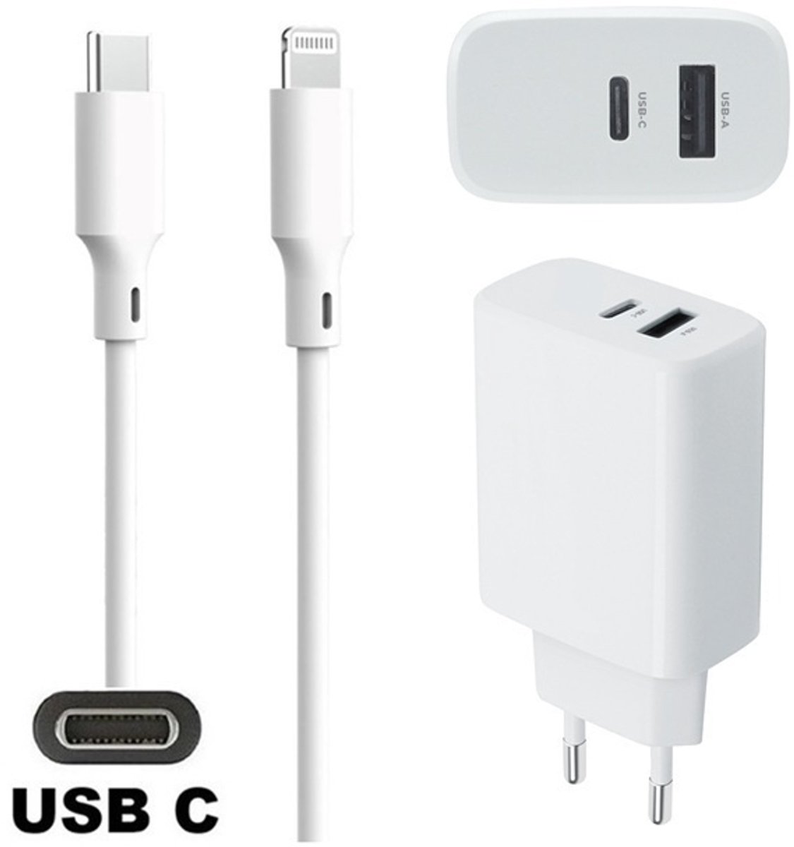 25W super snellader met 2 poorten en screenprotector + 1,5m USB C naar Lightning kabel. PD lader. Universele oplader adapter. Glazen screenprotector past op Apple iPhone 13 Pro Max & iPhone 14 Plus