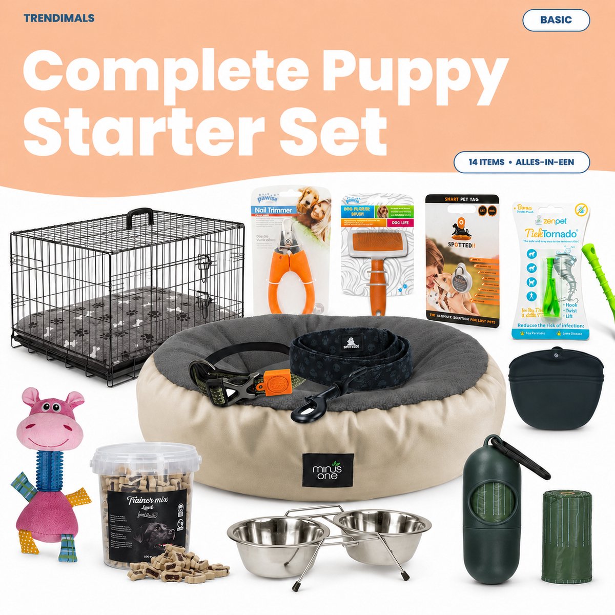 Puppy Pakket Hond met Bench 14-delig – Puppypakket Starterset met Benchkussen, Mandje, Riem en Halsband