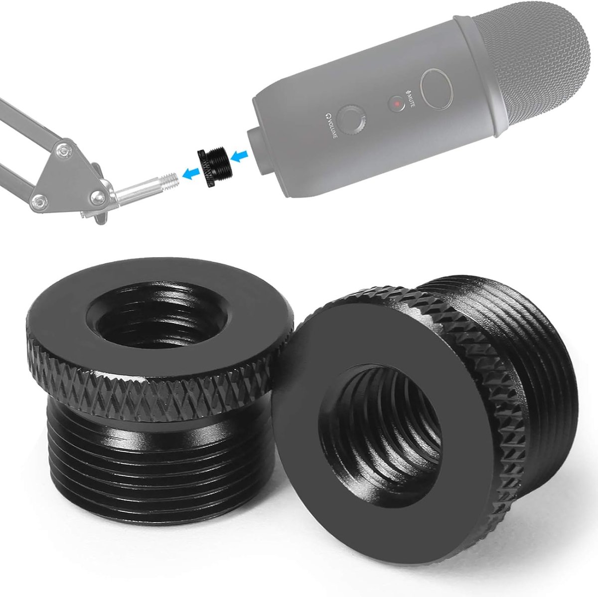 SnelShoppen - Set van 2 Microfoonadapter 5/8 Inch Man tot 3/8 Inch Vrouw - Aluminium Microfoonstandaard Adapter voor Blue Yeti/Snowball/Yeti X - Zwart