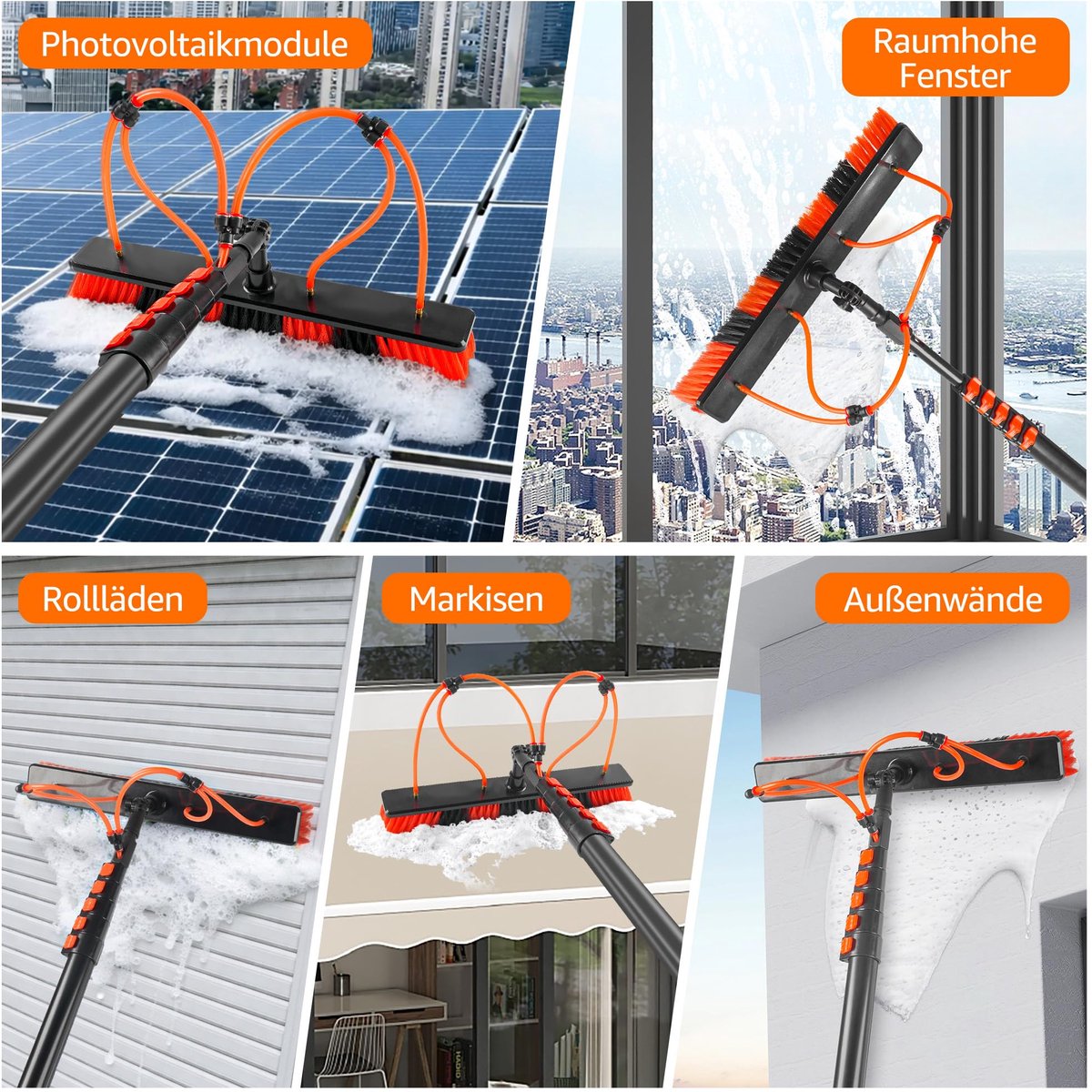 SnelShoppen - Telescopische Wasborstel 7,2m - 4 Gaten Reinigingsborstel met Uittrekbare Steel - Ideaal voor Terrasdak en Serre - PV Reinigingsset voor