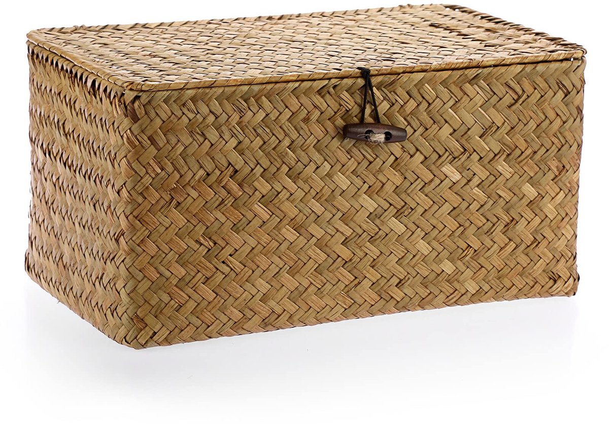 Omgoods - Wicker Opbergmand met Deksel voor Planken (Caramel, 31 x 18 x 15 cm)