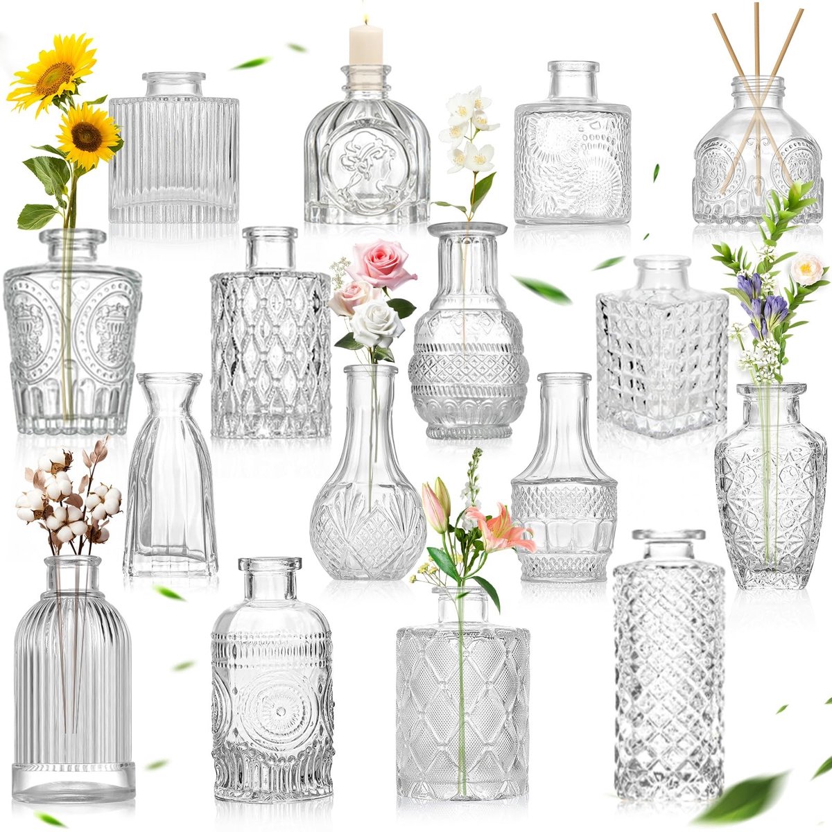 Omgoods - Set van 16 Vintage Mini Glazen Vazen voor Bloemen