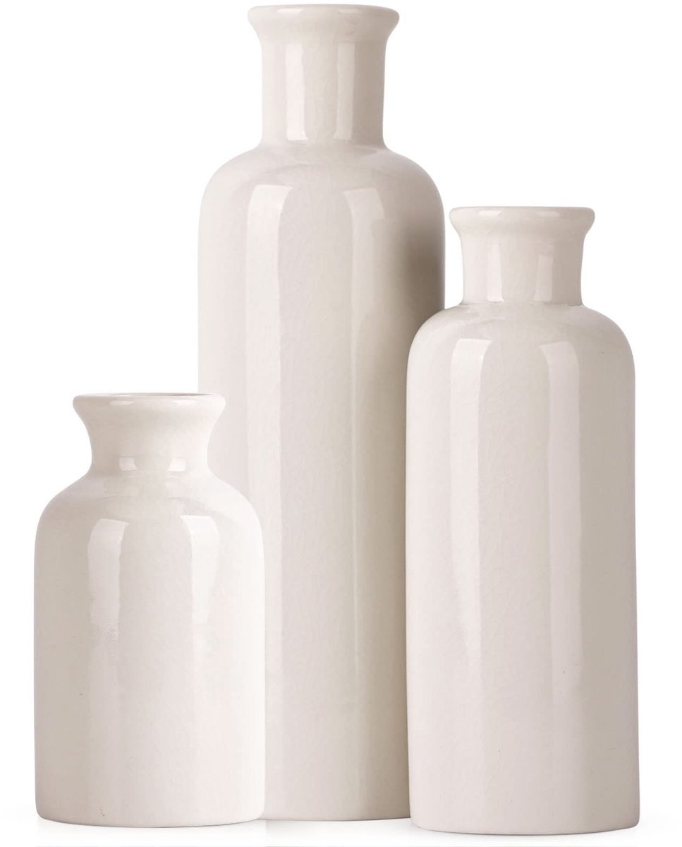Omgoods - Set van 3 Wit Keramische Vazen met Craquelé Effect voor Interieur
