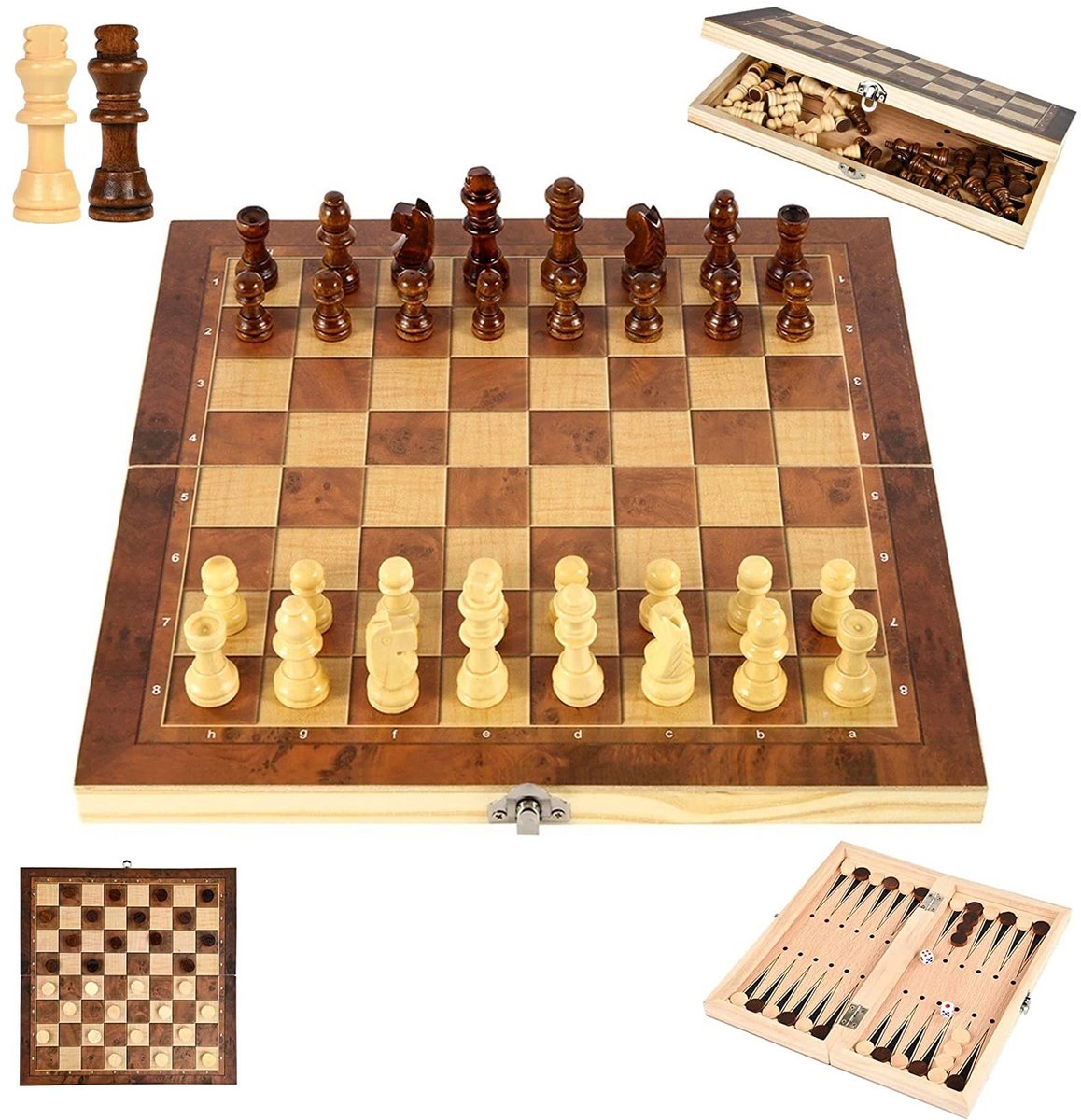 Omgoods - Houten 3-in-1 Schaakset, Draagbaar en Vouwbaar