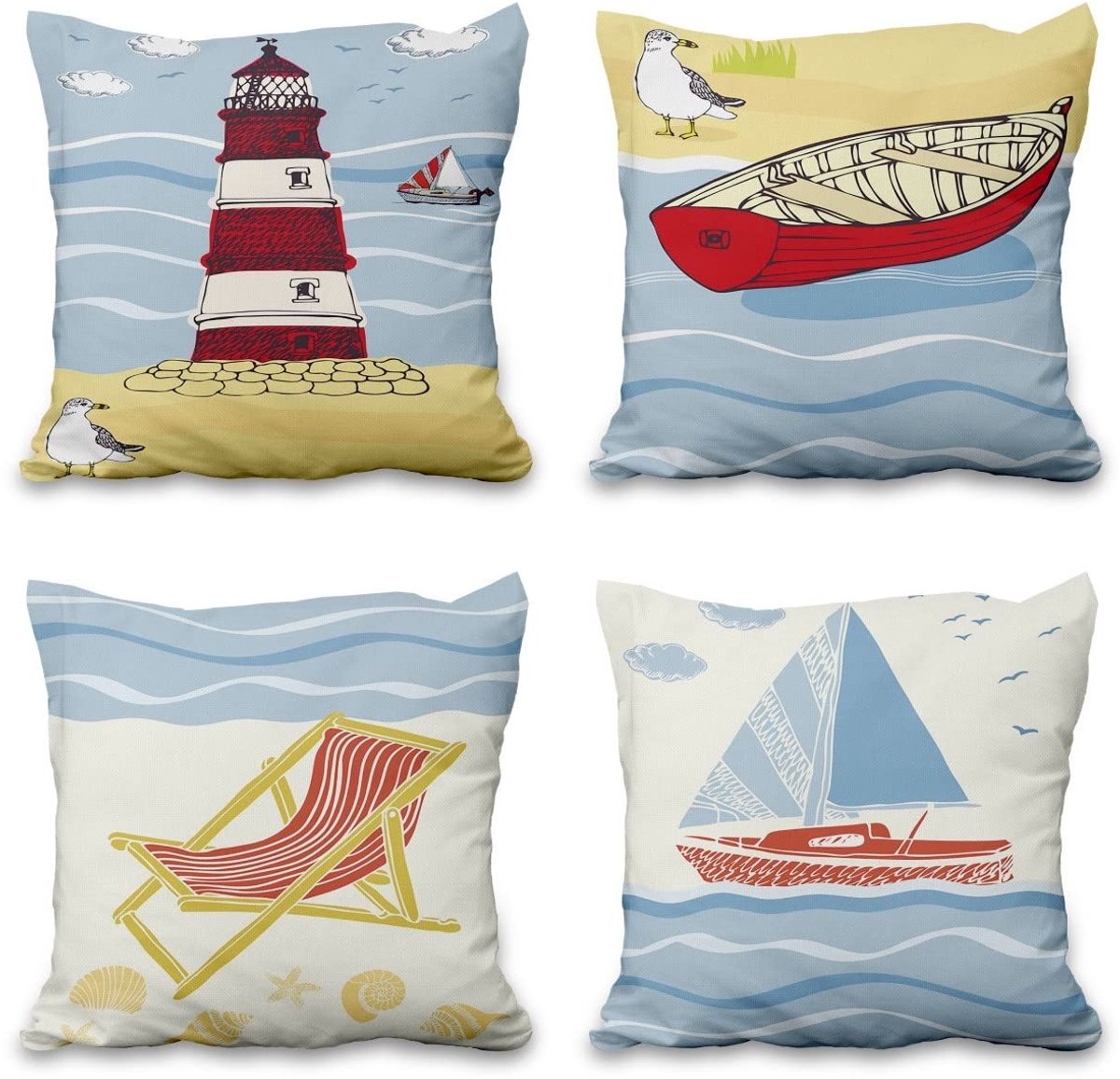 Omgoods - Set van 4 Vierkante Kussenhoezen 46 x 46 cm met Oceaan Thema