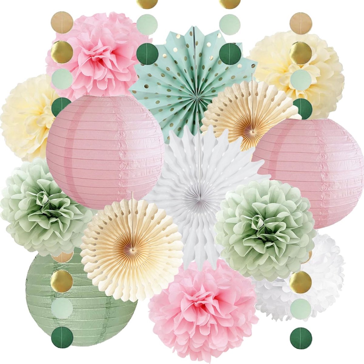 Omgoods - Sage Groene en Roze Feestdecoratie met Papieren Lampionnen