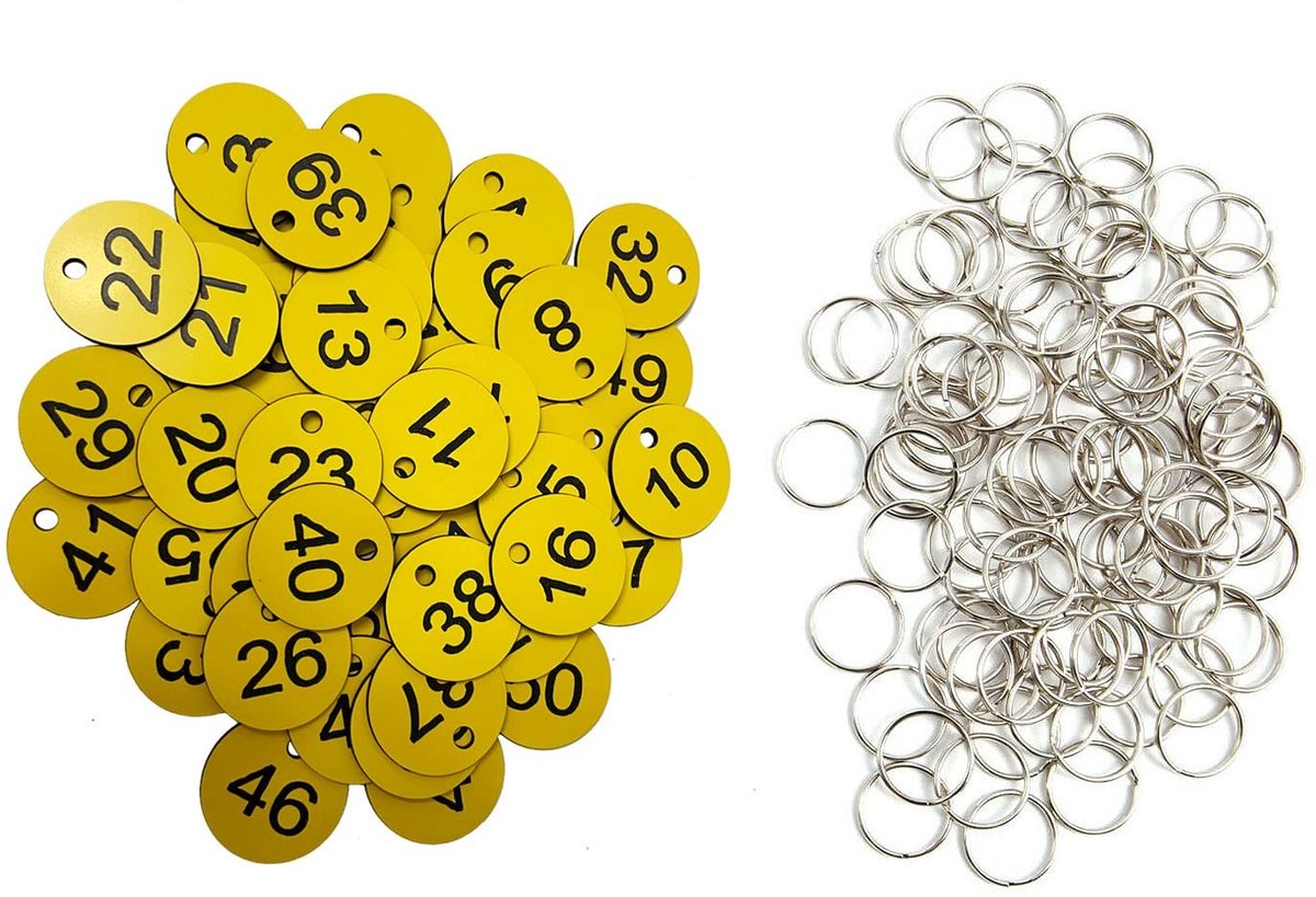 Omgoods - Plastic ID Nummer Labels met Sleutelhanger 1-100 Geel