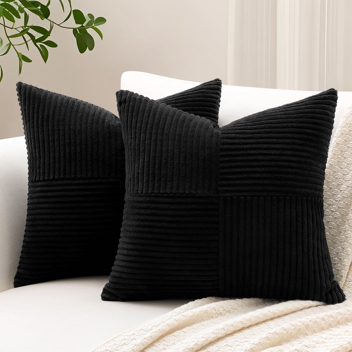 Omgoods - Set van 2 Corduroy Kussenhoezen met Bohemian Stijl 40x40cm Zwart