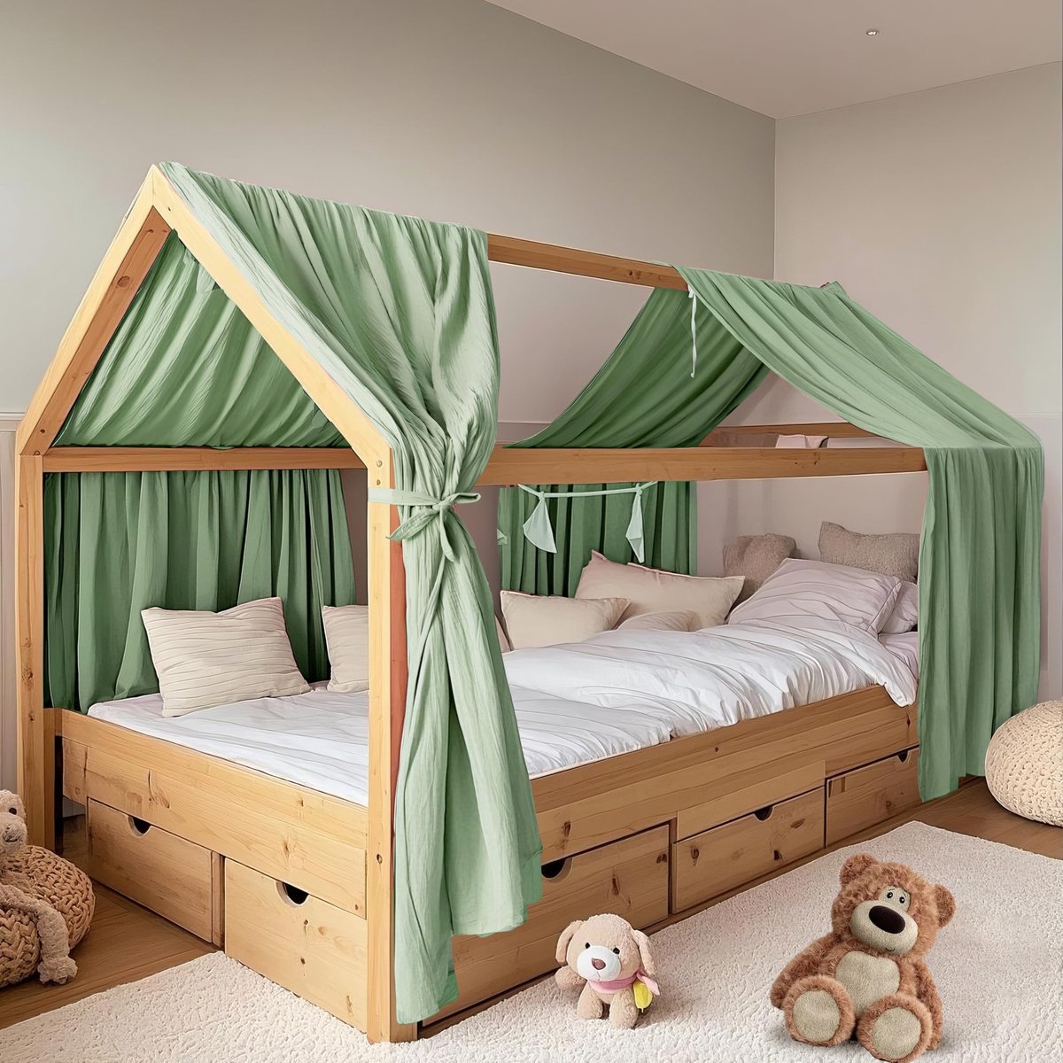 Omgoods - Set van 2 Handgemaakte Muslin Bedgordijnen voor Kinderen in Groen