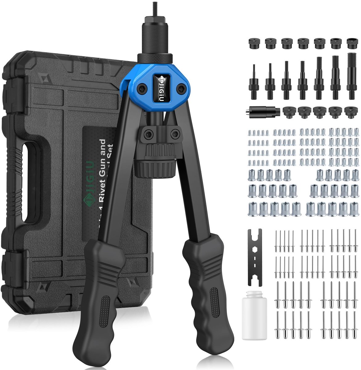 Omgoods- Klinkmoertang 16-inch - 7 Maten (M3-M12) - 110 Klinkmoeren - Ergonomisch Handvat - Klinknagelmondstukken 3.2-6.4 - Opbergkoffer - Klinknageltang