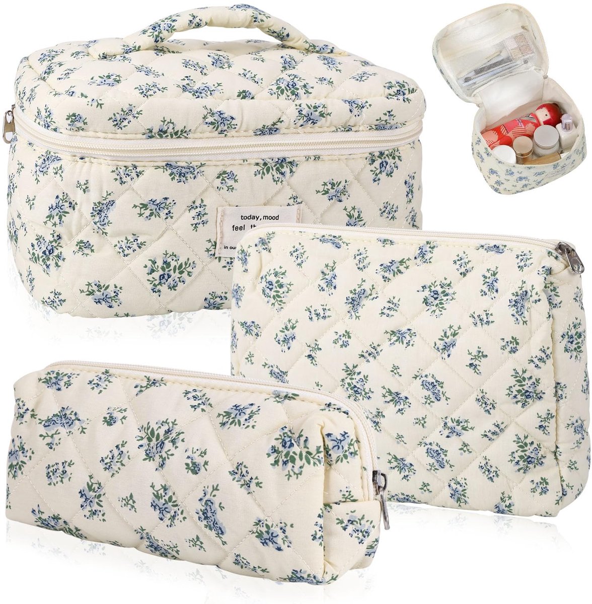 Omgoods - Set van 3 Cosmetic Bags voor Vrouwen - Hangende Toilettas met Bloemenpatroon